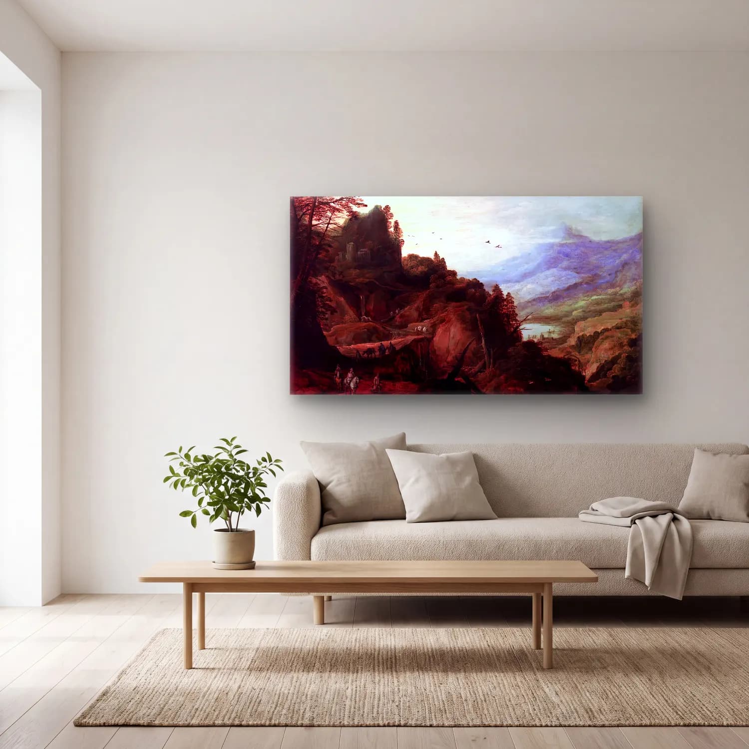 Joos de Momper – Landscape with a Mountain Pass cam tablo — açık renk salonda