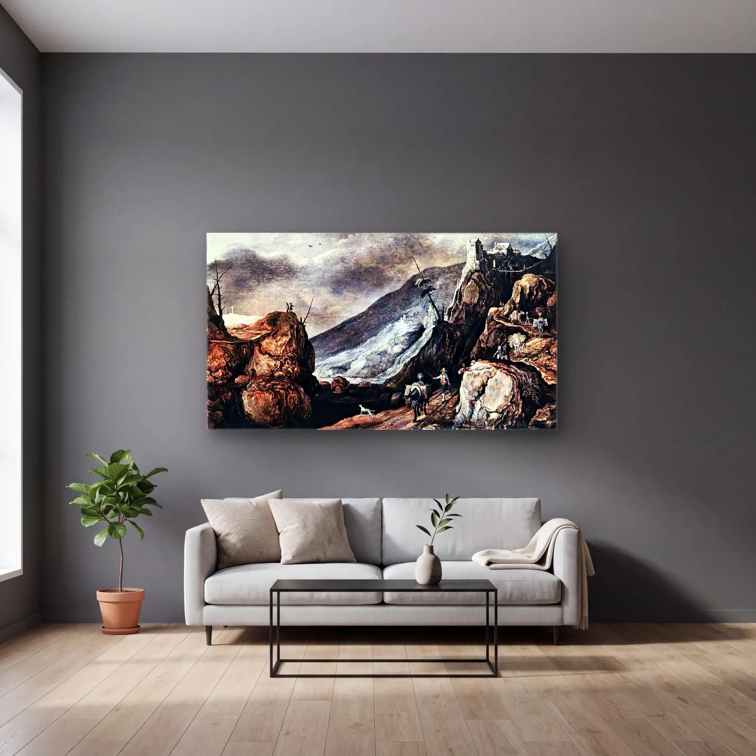 Joos de Momper – Landscape with the Temptation of Christ cam tablo — gri duvarlı salonda