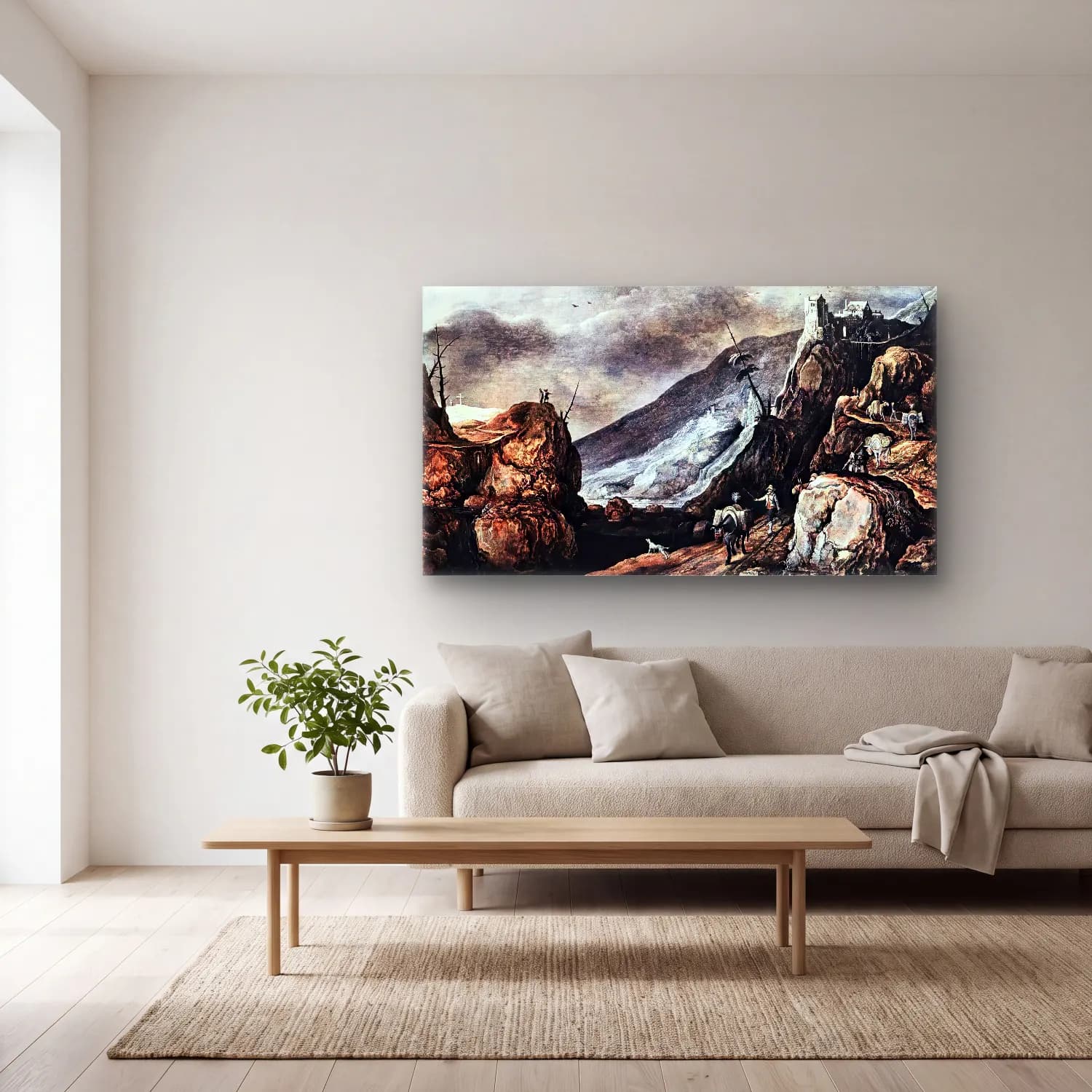 Joos de Momper – Landscape with the Temptation of Christ cam tablo — açık renk salonda