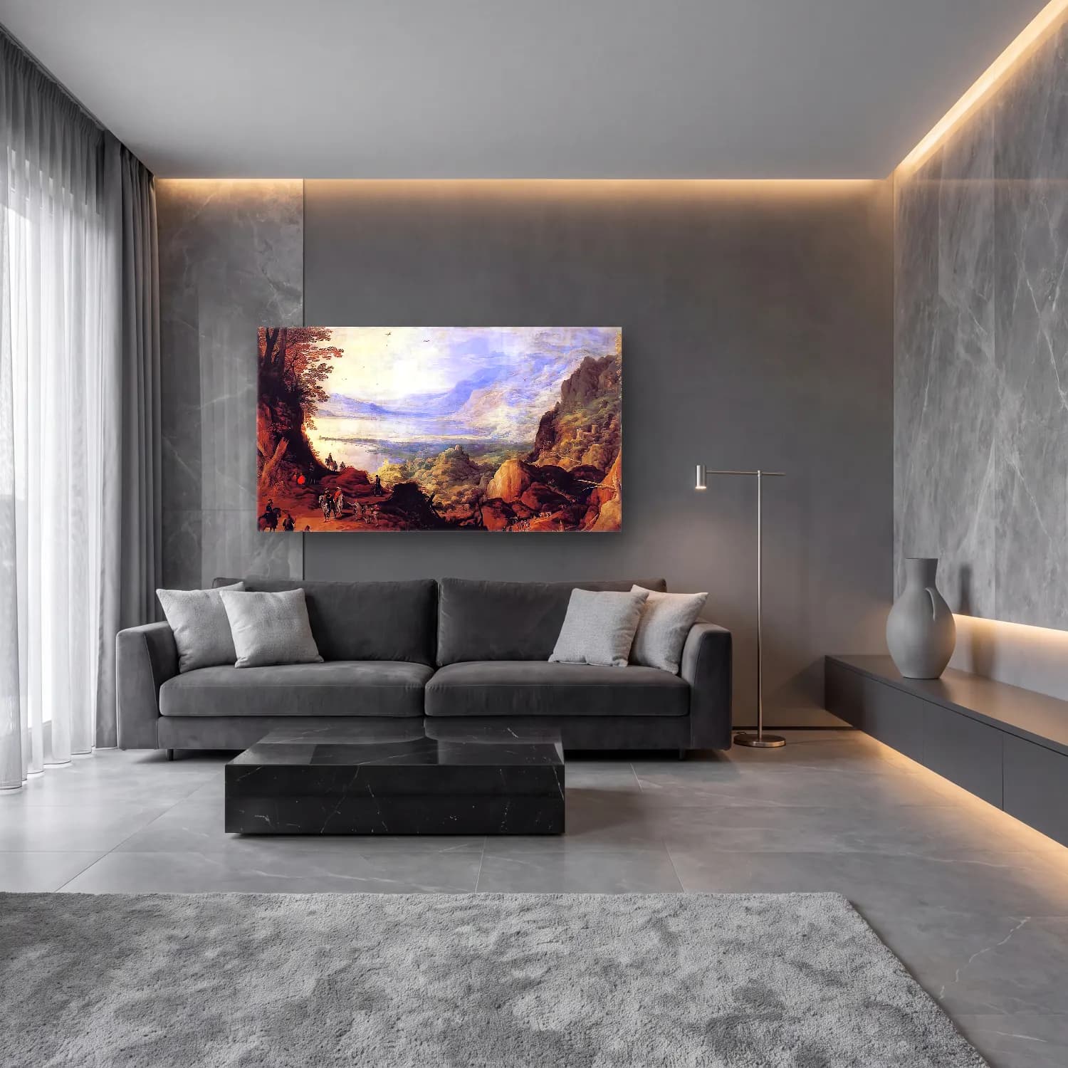 Joos de Momper – Landscape – Bej Tonlar cam tablo — lüks salon duvarında