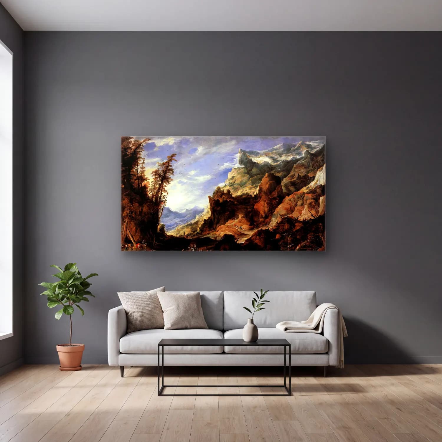 Joos de Momper – Large Mountain Landscape cam tablo — gri duvarlı salonda