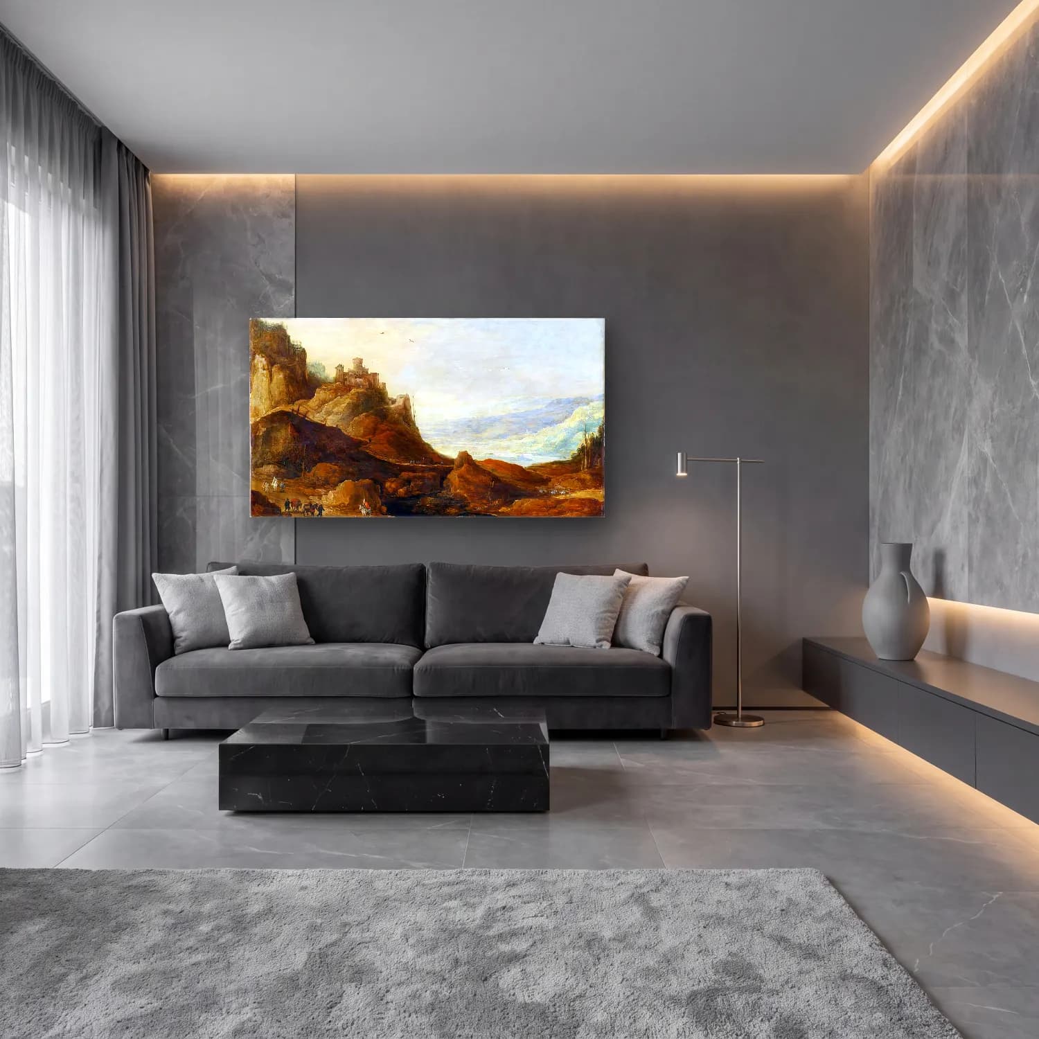 Joos de Momper – Mountain Landscape with Castle cam tablo — lüks salon duvarında