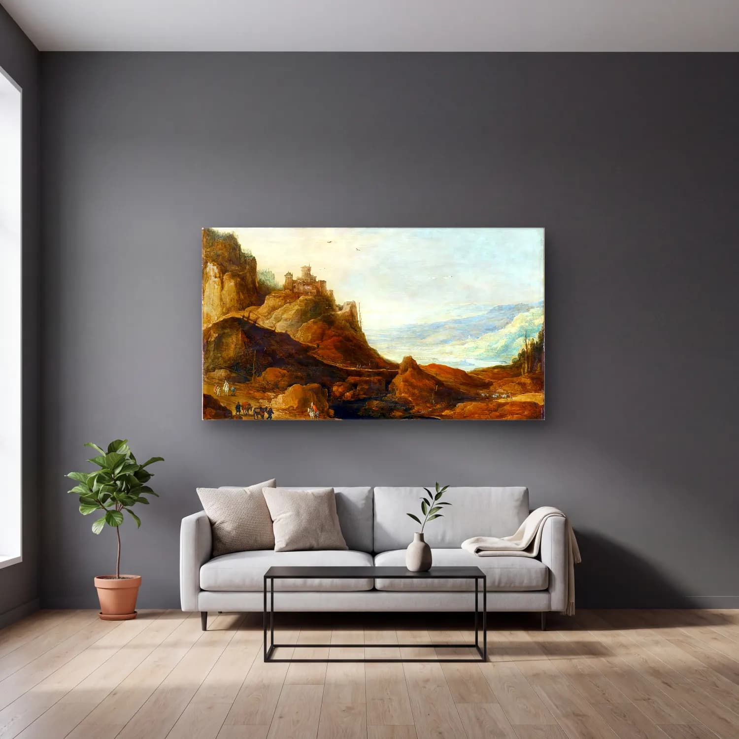 Joos de Momper – Mountain Landscape with Castle cam tablo — gri duvarlı salonda