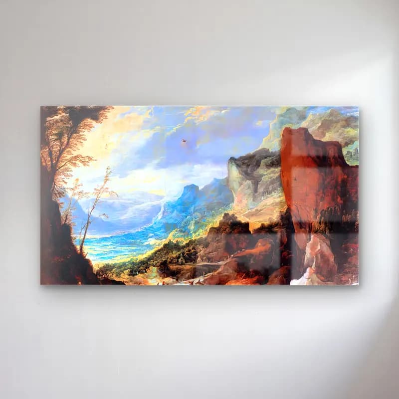 Joos de Momper – Mountain Landscape – Sarı Tonlar cam tablo — Joos de Momper – Mountain Landscape – Sarı Tonlar — yağlı boya dağ manzarası