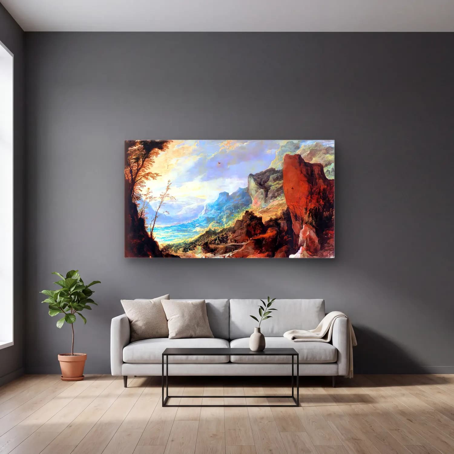 Joos de Momper – Mountain Landscape – Sarı Tonlar cam tablo — gri duvarlı salonda