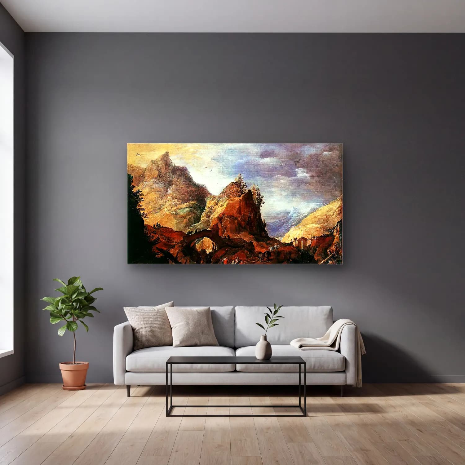 Joos de Momper – Mountain Scene with Bridges cam tablo — gri duvarlı salonda