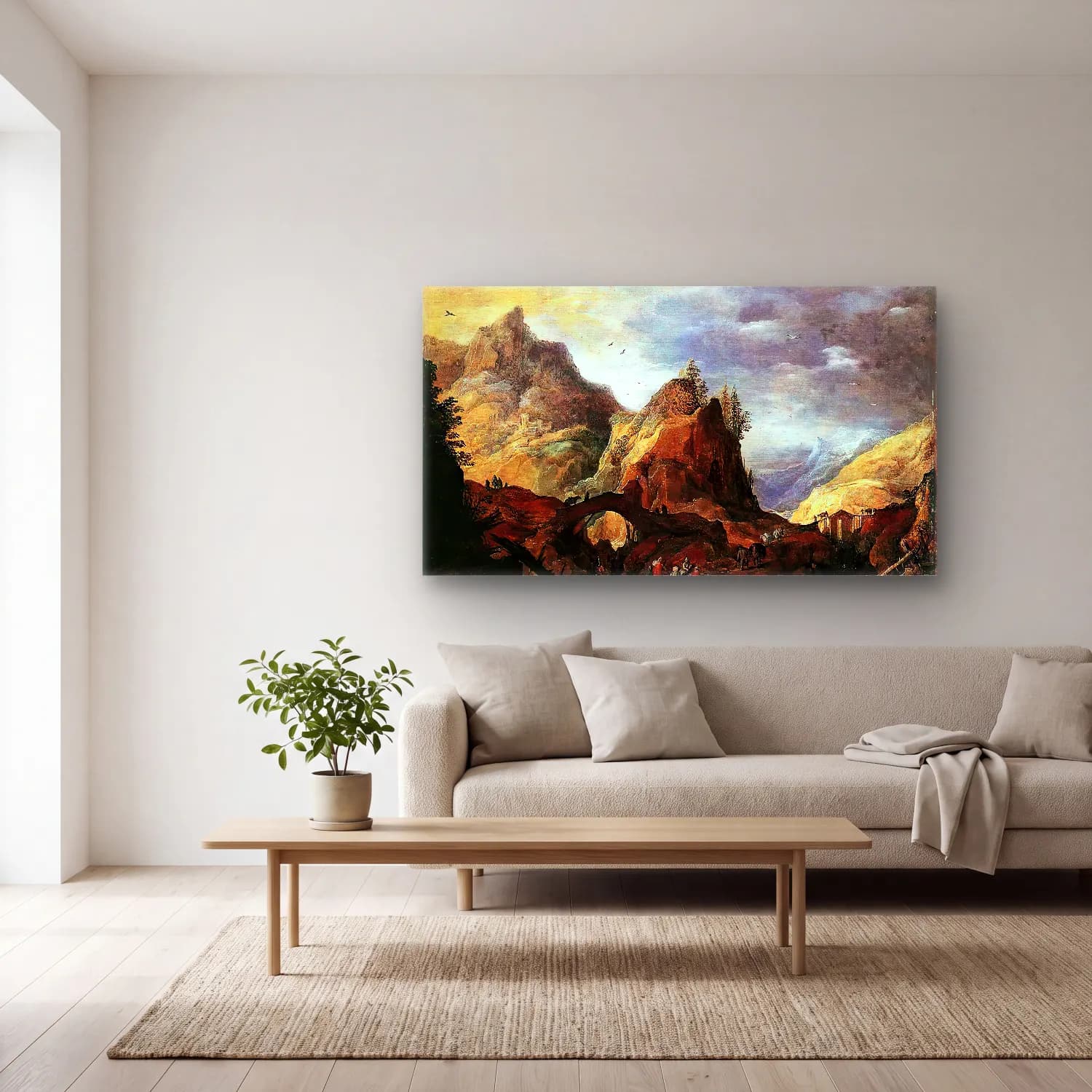 Joos de Momper – Mountain Scene with Bridges cam tablo — açık renk salonda