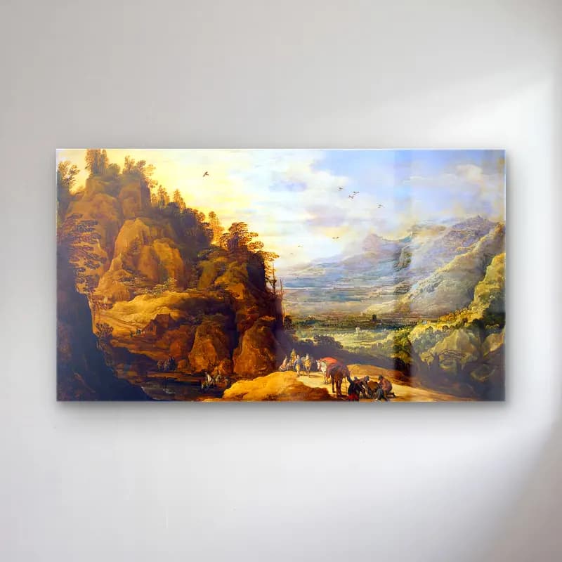 Joos de Momper – Mountainous Landscape with Figures and a Donkey cam tablo — Joos de Momper – Mountainous Landscape with Figures and a Donkey — yağlı boya dağ manzarası