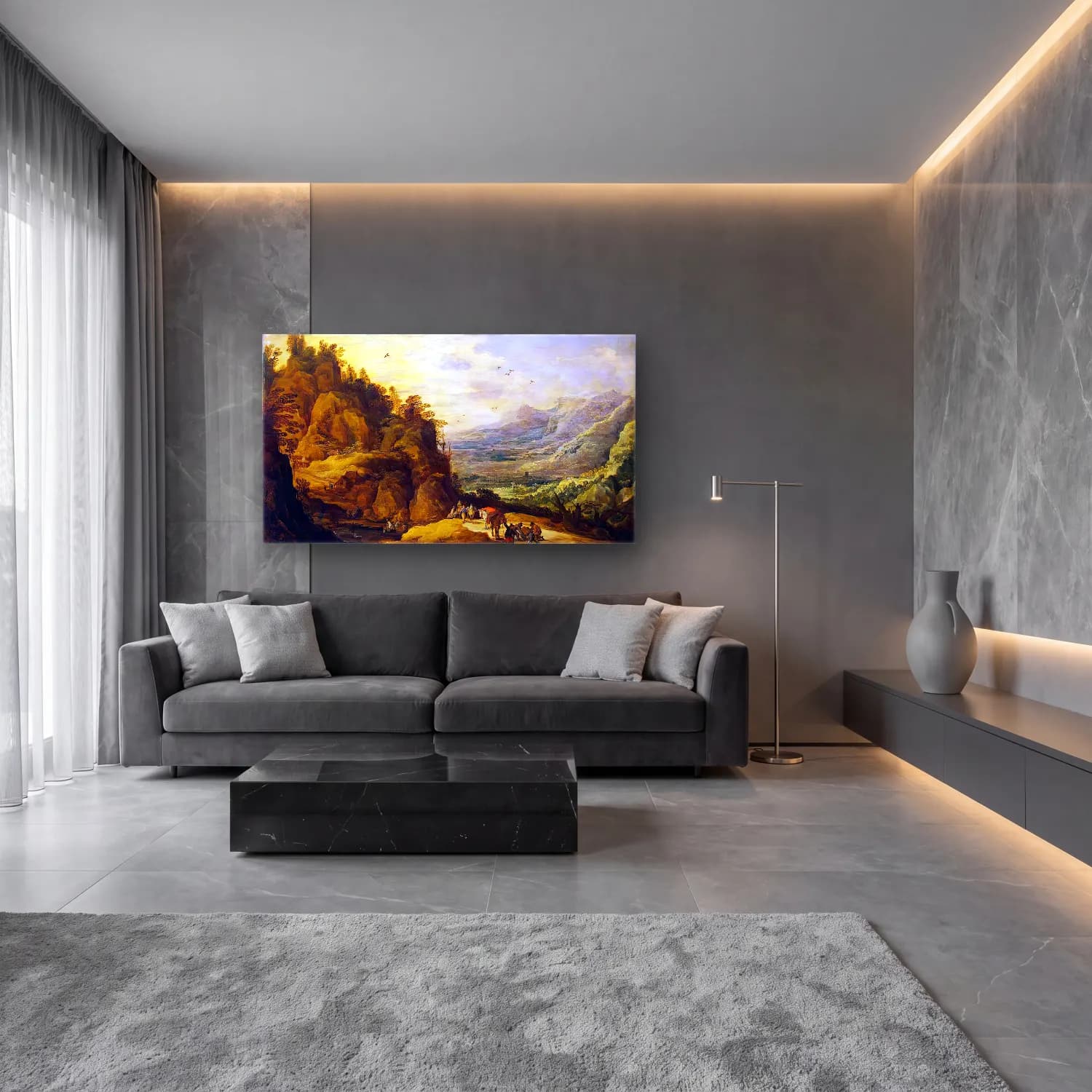 Joos de Momper – Mountainous Landscape with Figures and a Donkey cam tablo — lüks salon duvarında