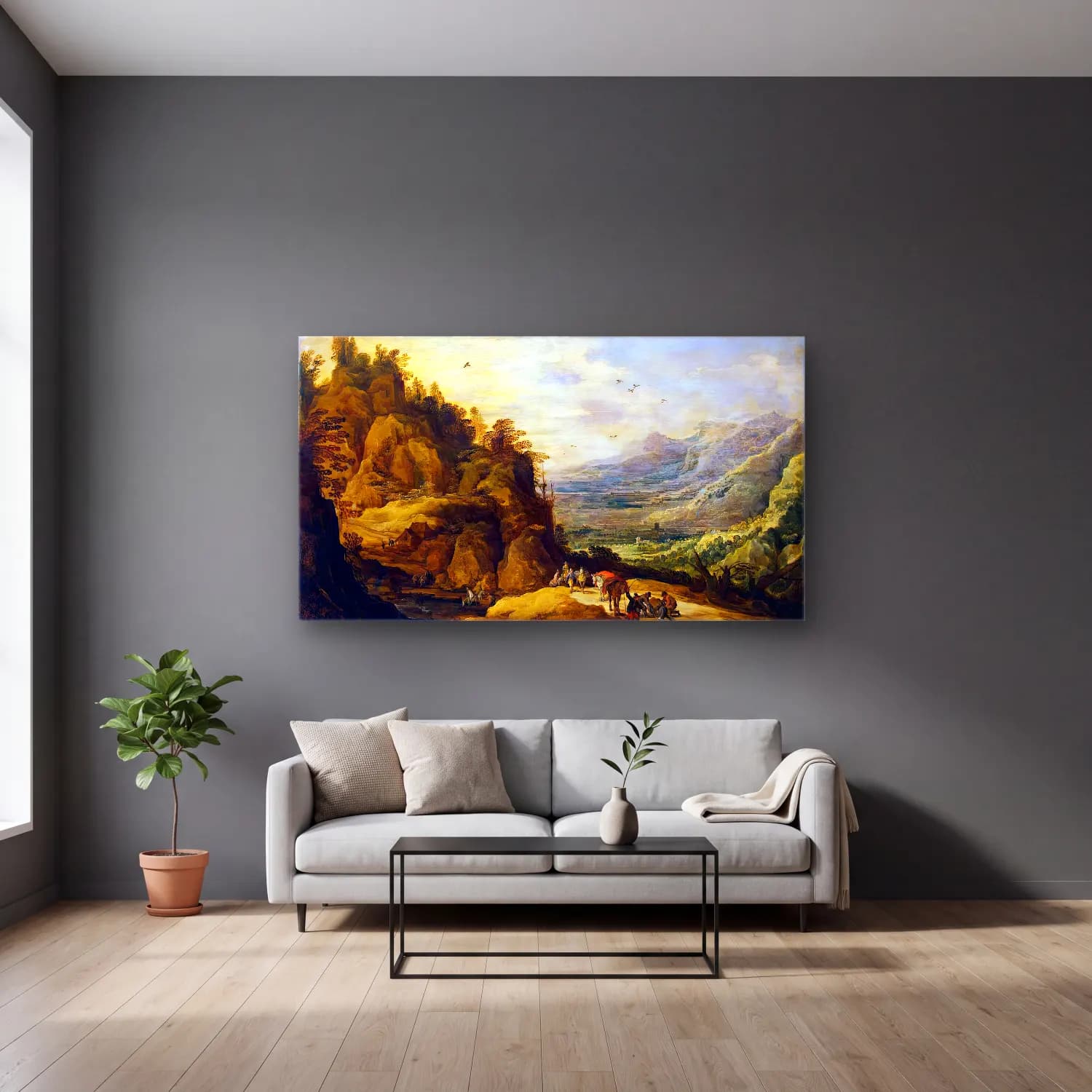 Joos de Momper – Mountainous Landscape with Figures and a Donkey cam tablo — gri duvarlı salonda