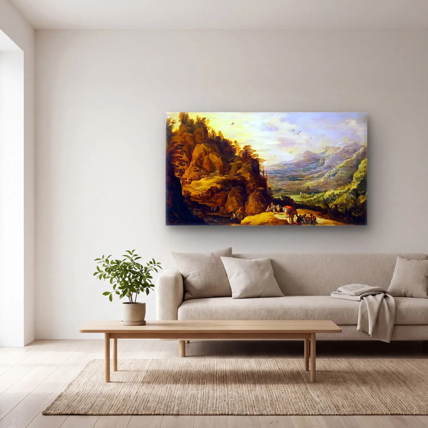 Joos de Momper – Mountainous Landscape with Figures and a Donkey cam tablo — açık renk salonda