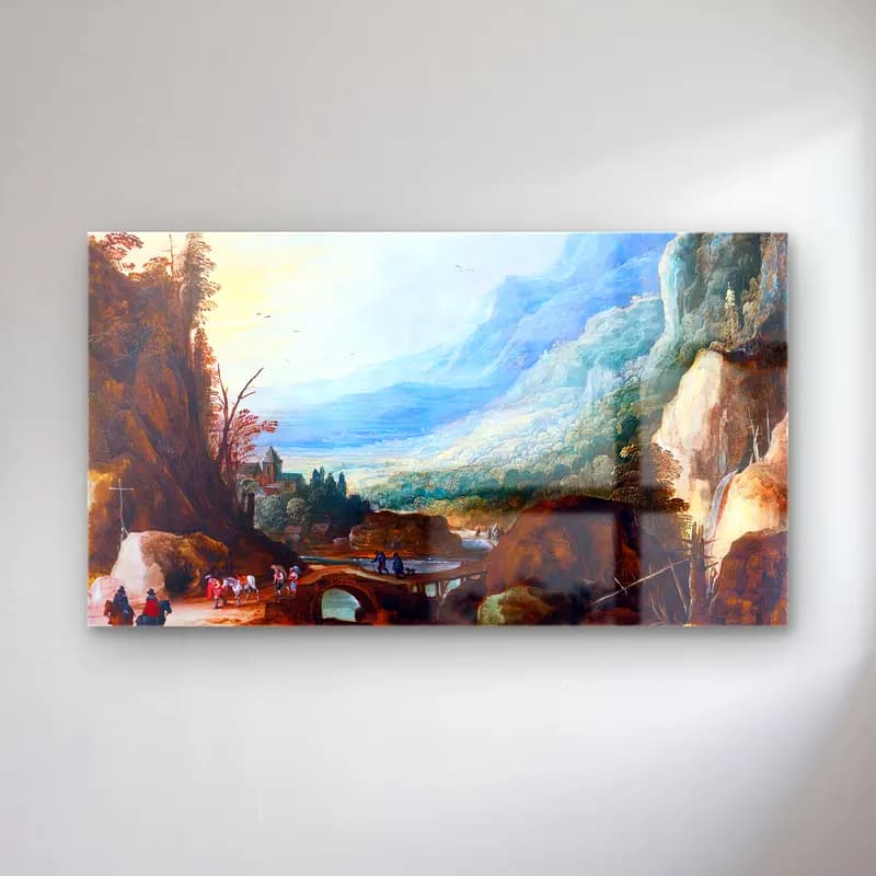 Joos de Momper – Mountainous Landscape with a Bridge across a River cam tablo — Joos de Momper – Mountainous Landscape with a Bridge across a River — yağlı boya dağ manzarası