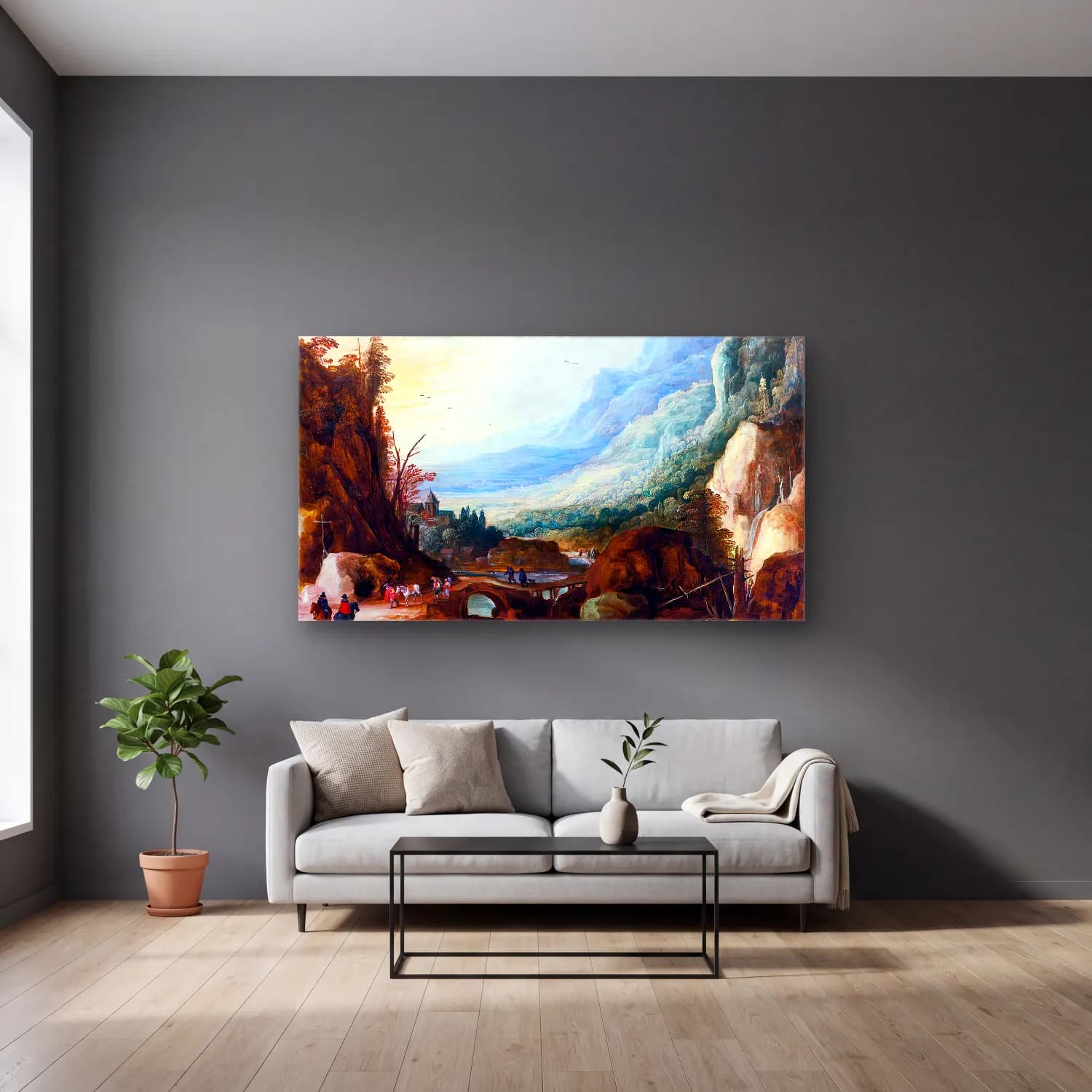 Joos de Momper – Mountainous Landscape with a Bridge across a River cam tablo — gri duvarlı salonda