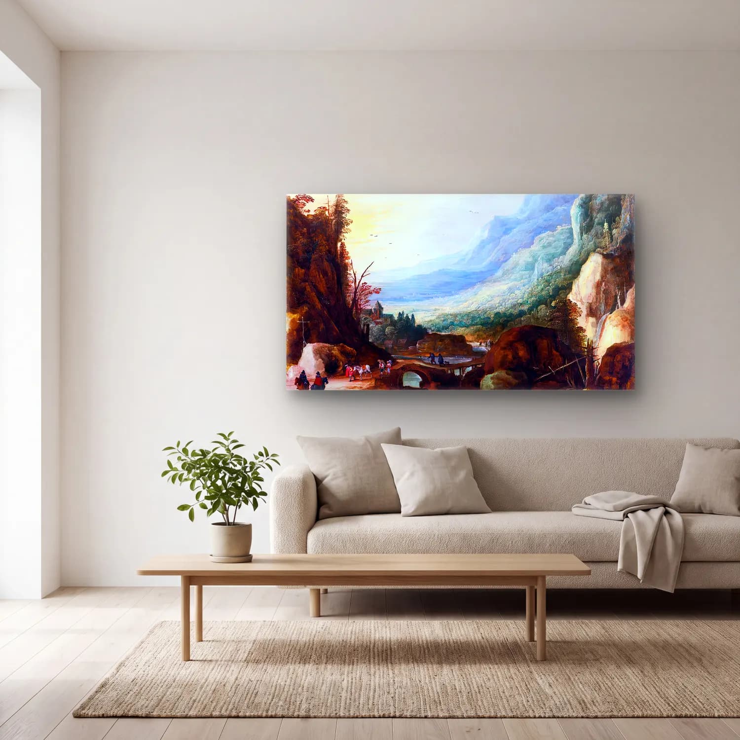 Joos de Momper – Mountainous Landscape with a Bridge across a River cam tablo — açık renk salonda