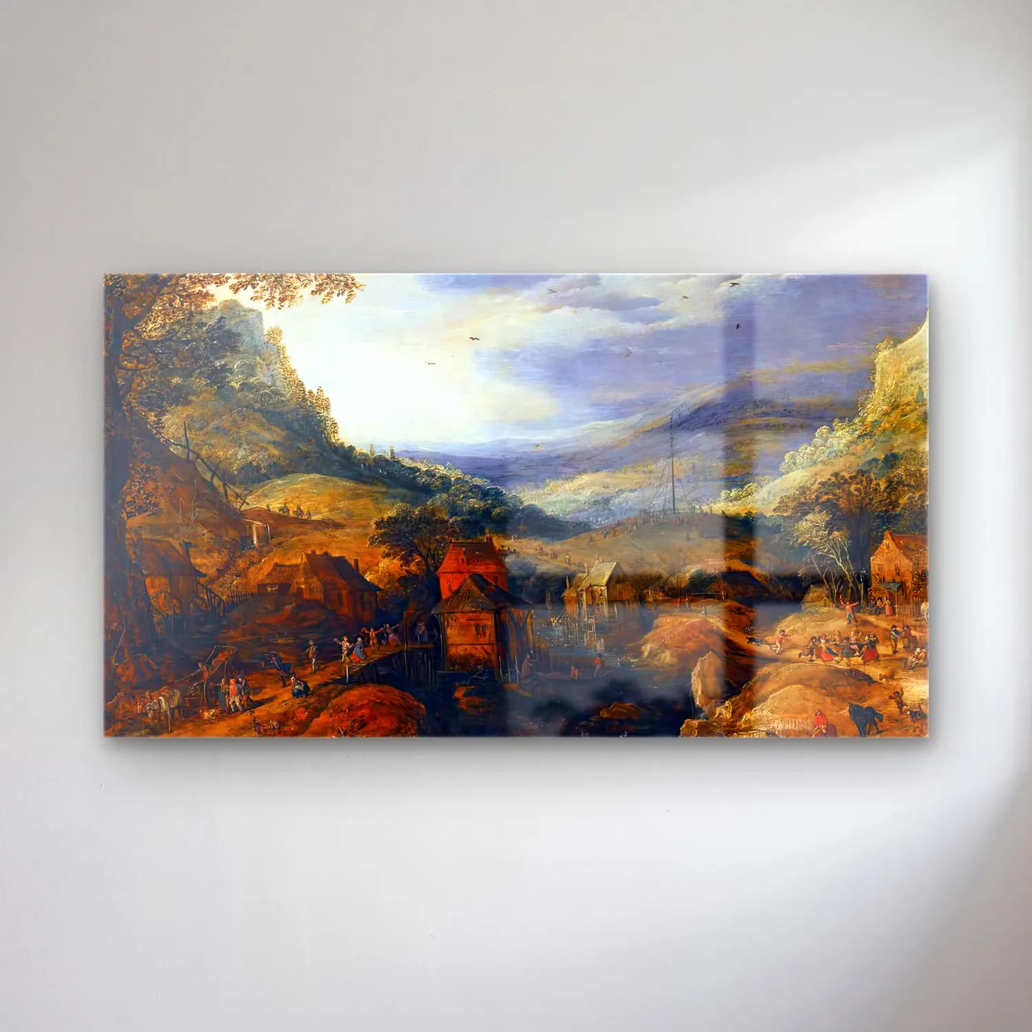 Joos de Momper – Mountainous Landscape – Mavi Tonlar cam tablo — Joos de Momper – Mountainous Landscape – Mavi Tonlar — yağlı boya kırda nehir
