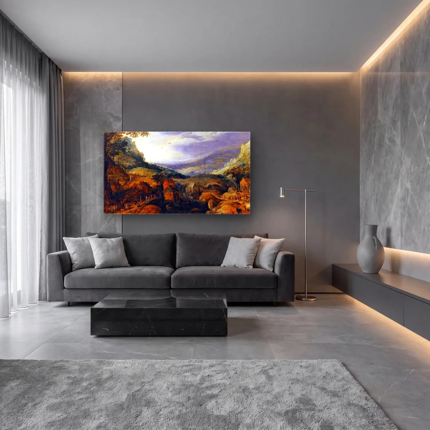 Joos de Momper – Mountainous Landscape – Mavi Tonlar cam tablo — lüks salon duvarında