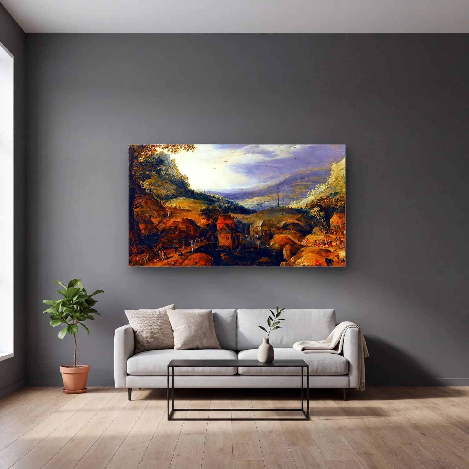 Joos de Momper – Mountainous Landscape – Mavi Tonlar cam tablo — gri duvarlı salonda