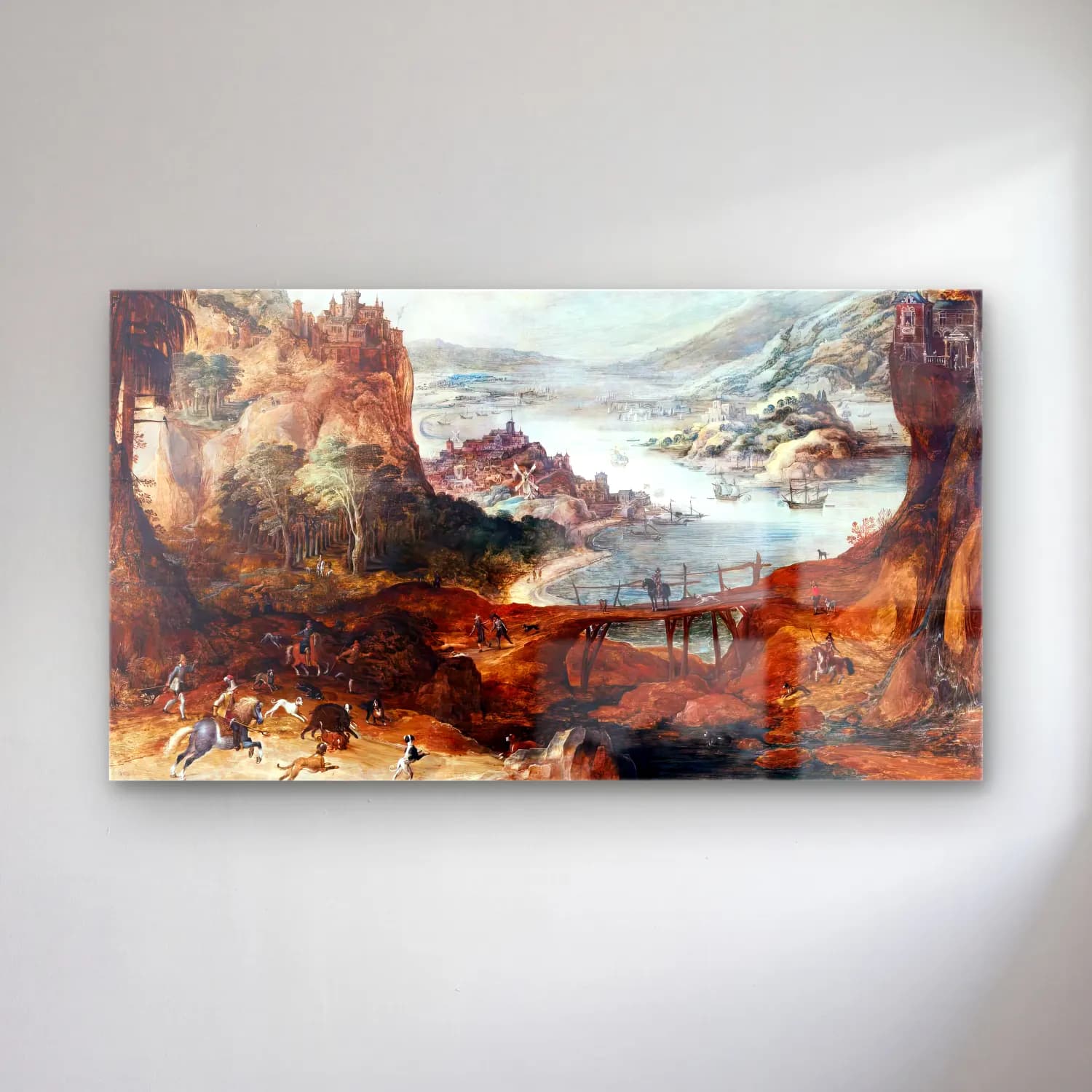 Joos de Momper – River Landscape with Boar Hunt – Siyah Beyaz Tonlar cam tablo — Joos de Momper – River Landscape with Boar Hunt – Siyah Beyaz Tonlar — yağlı boya liman ve tekneler