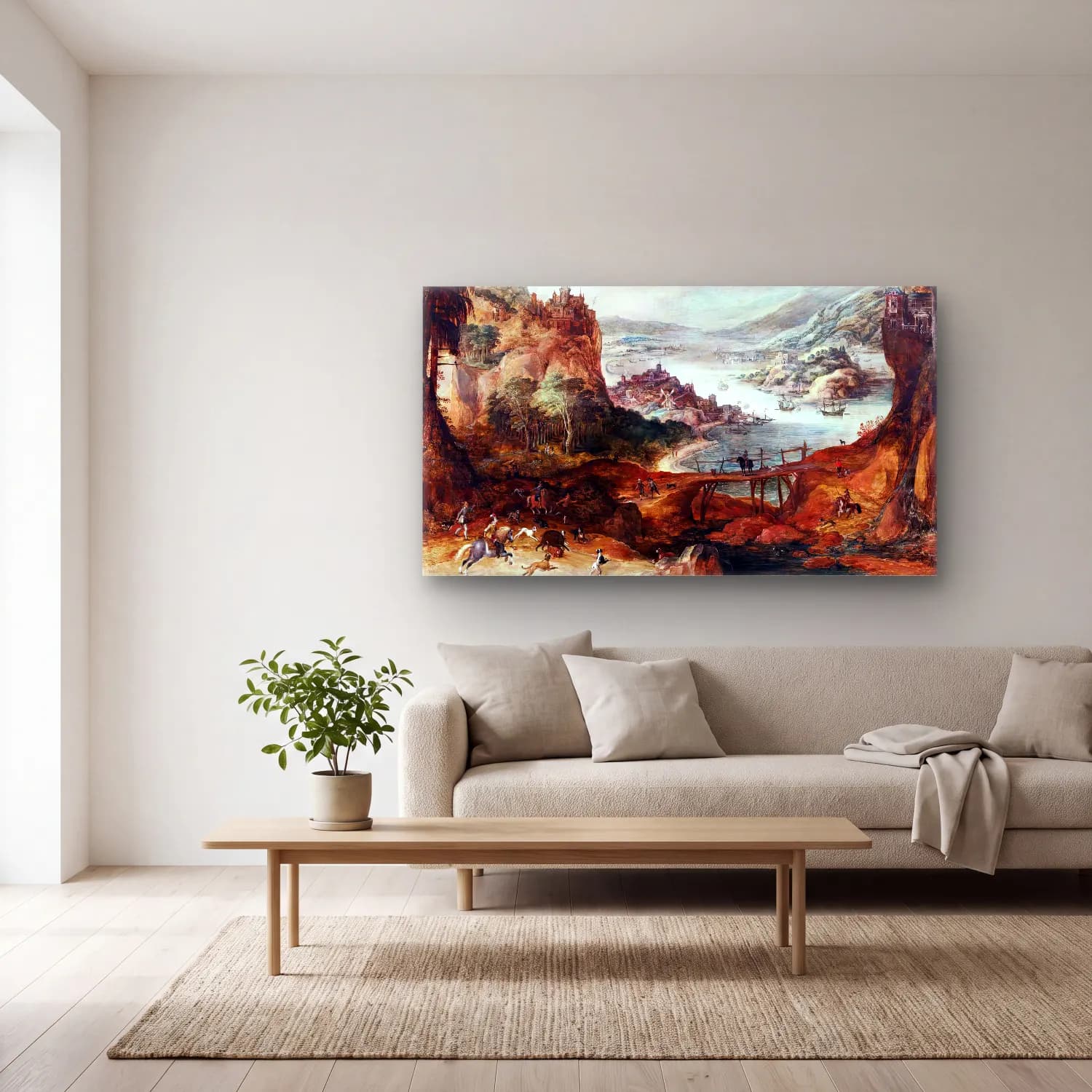 Joos de Momper – River Landscape with Boar Hunt – Siyah Beyaz Tonlar cam tablo — açık renk salonda
