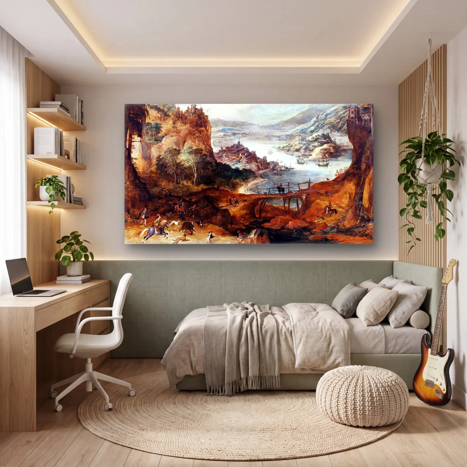 Joos de Momper – River Landscape with Boar Hunt – Siyah Beyaz Tonlar cam tablo — genç odasında
