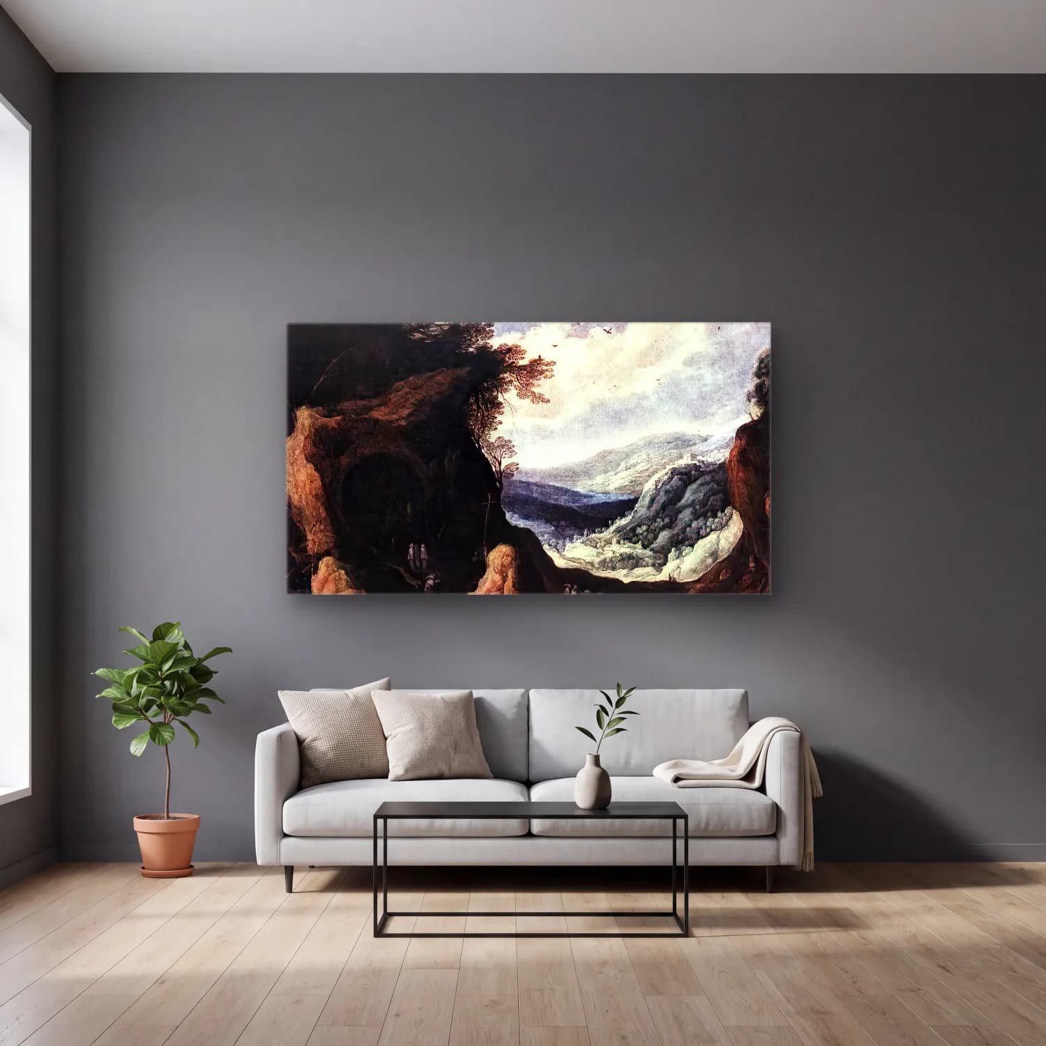 Joos de Momper – Rocky Landscape with Monks cam tablo — gri duvarlı salonda