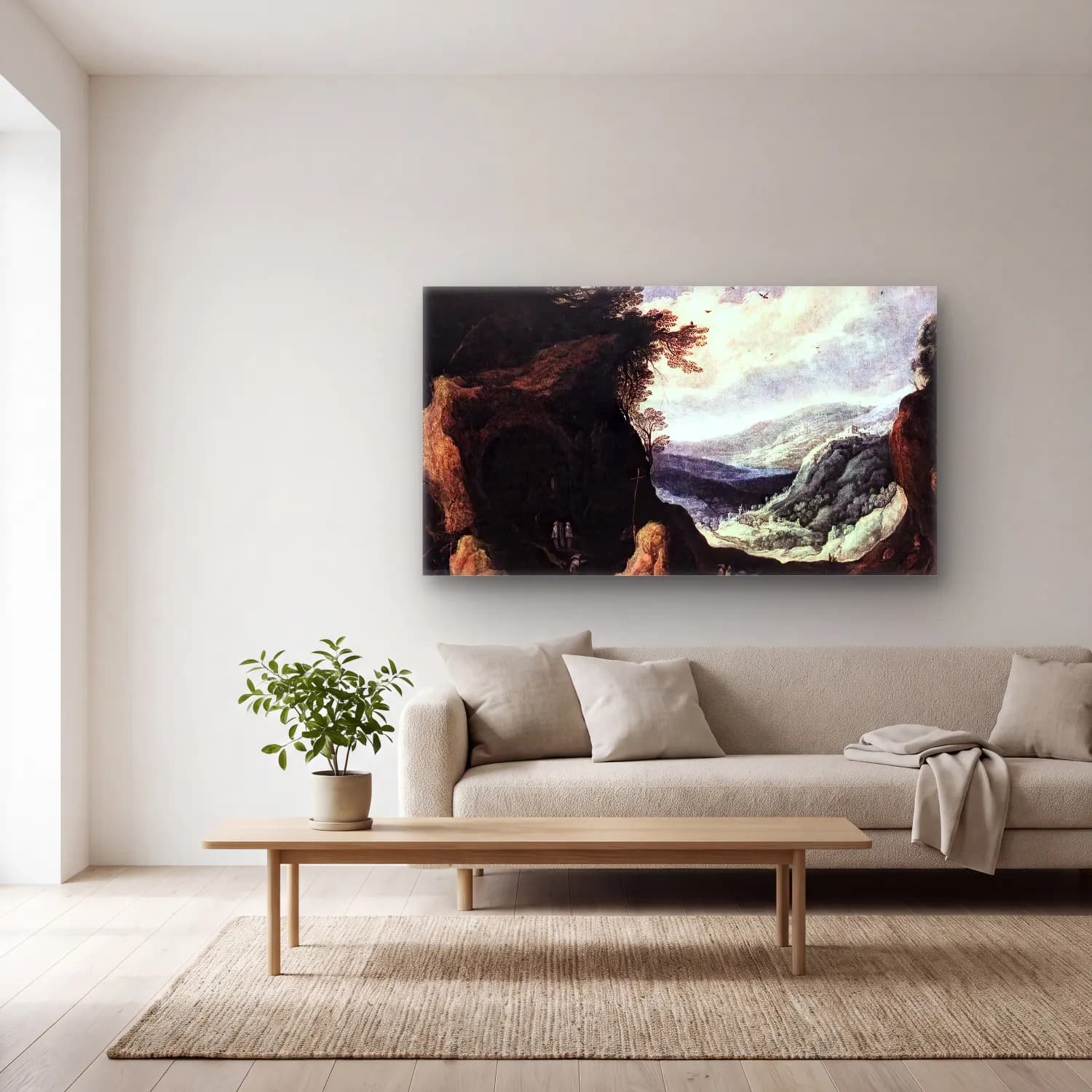 Joos de Momper – Rocky Landscape with Monks cam tablo — açık renk salonda