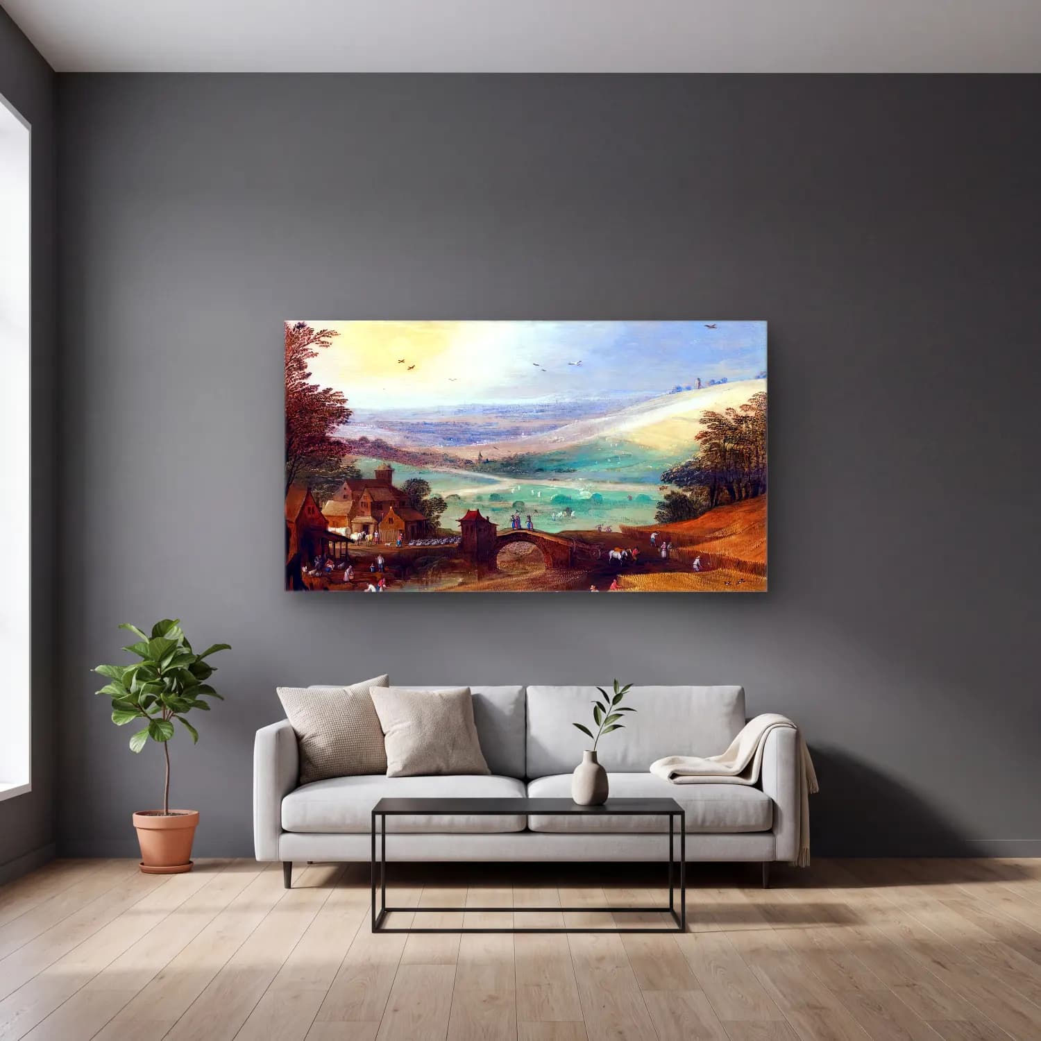 Joos de Momper – Summer Landscape cam tablo — gri duvarlı salonda