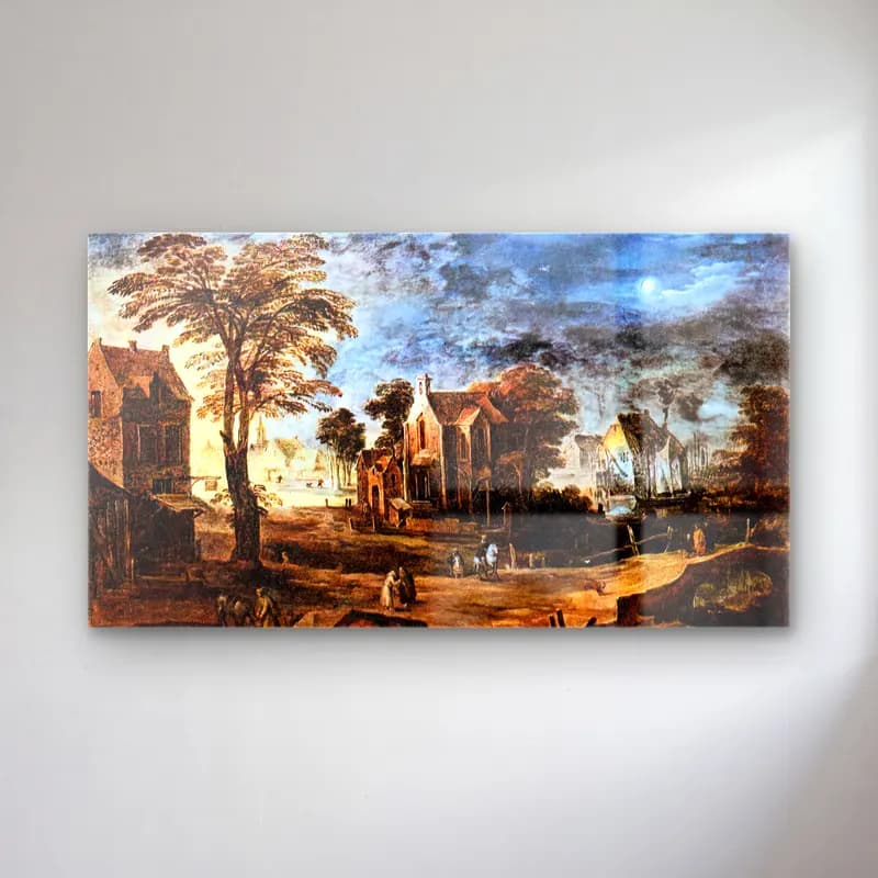 Joos de Momper – Village at Full Moon cam tablo — Joos de Momper – Village at Full Moon — yağlı boya katedral