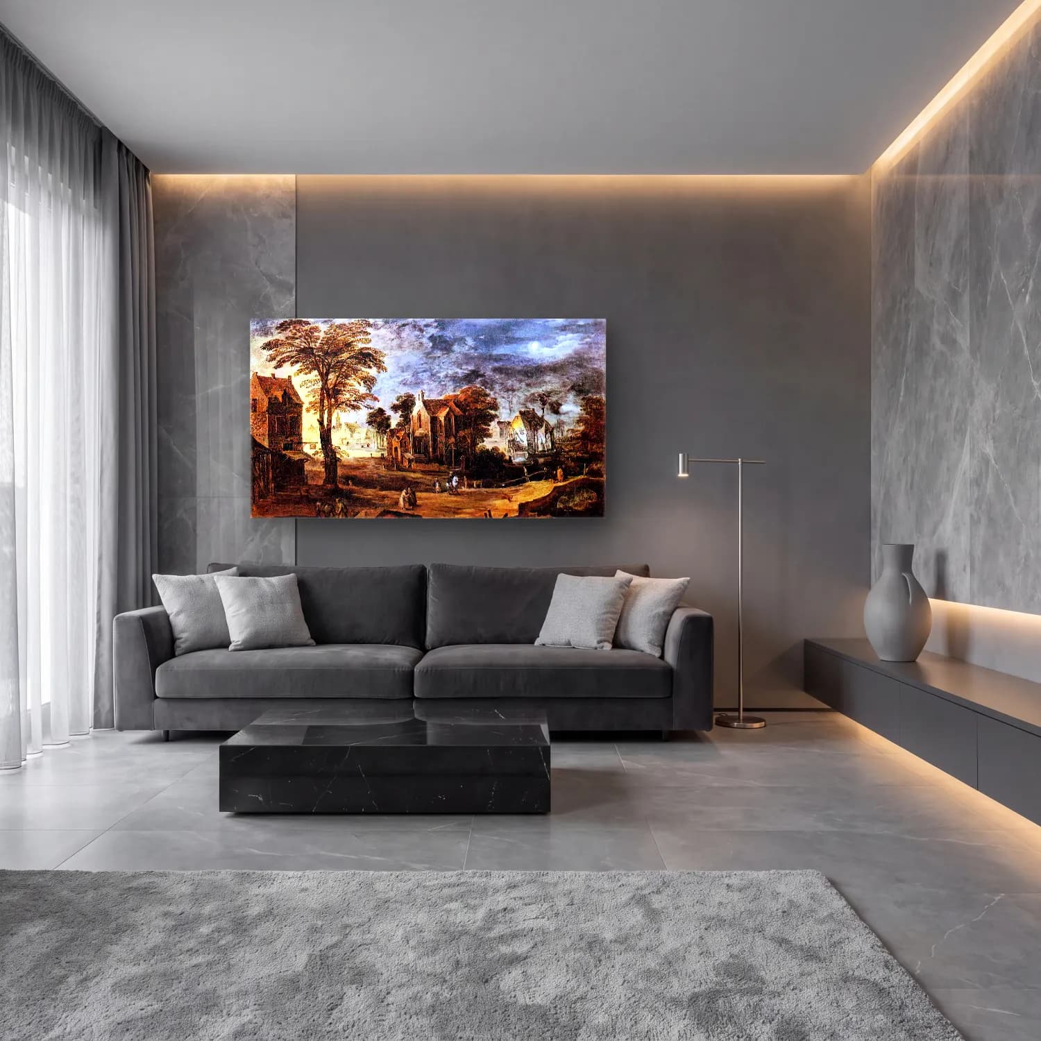 Joos de Momper – Village at Full Moon cam tablo — lüks salon duvarında