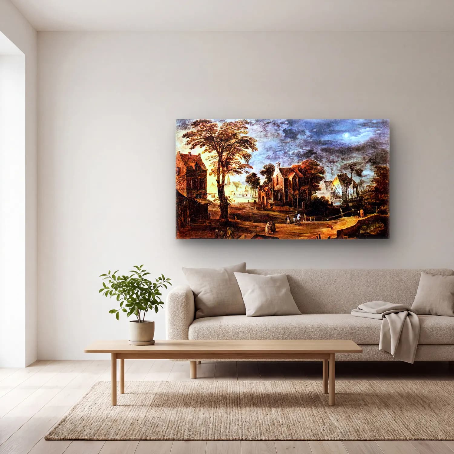 Joos de Momper – Village at Full Moon cam tablo — açık renk salonda