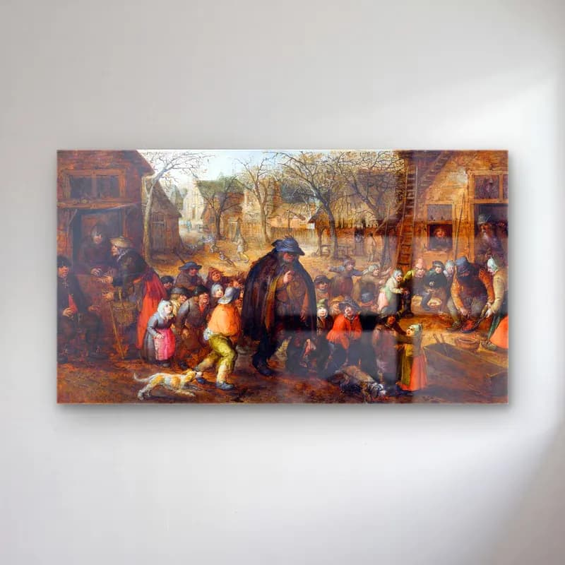 David Vinckboons – Blind Hurdy-Gurdy Player – Siyah Beyaz Tonlar cam tablo — David Vinckboons – Blind Hurdy-Gurdy Player – Siyah Beyaz Tonlar — yağlı boya kalabalık cadde