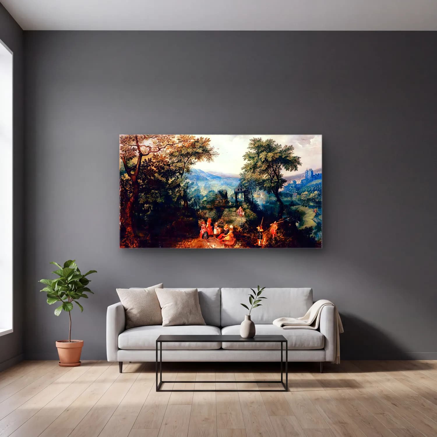 David Vinckboons – Extensive Landscape cam tablo — gri duvarlı salonda