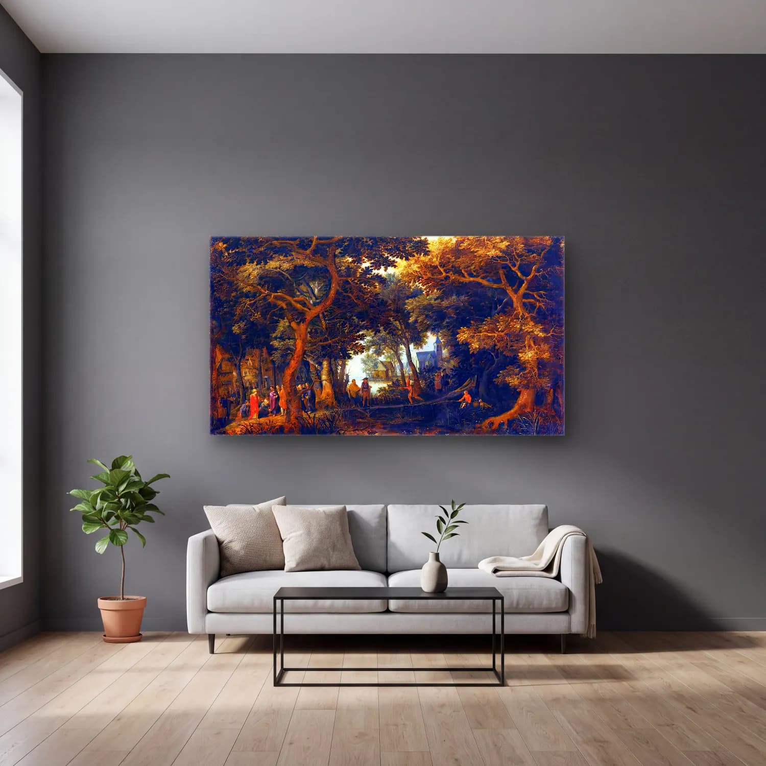 David Vinckboons – Forest Landscape with Two of Christ s Miracles cam tablo — gri duvarlı salonda