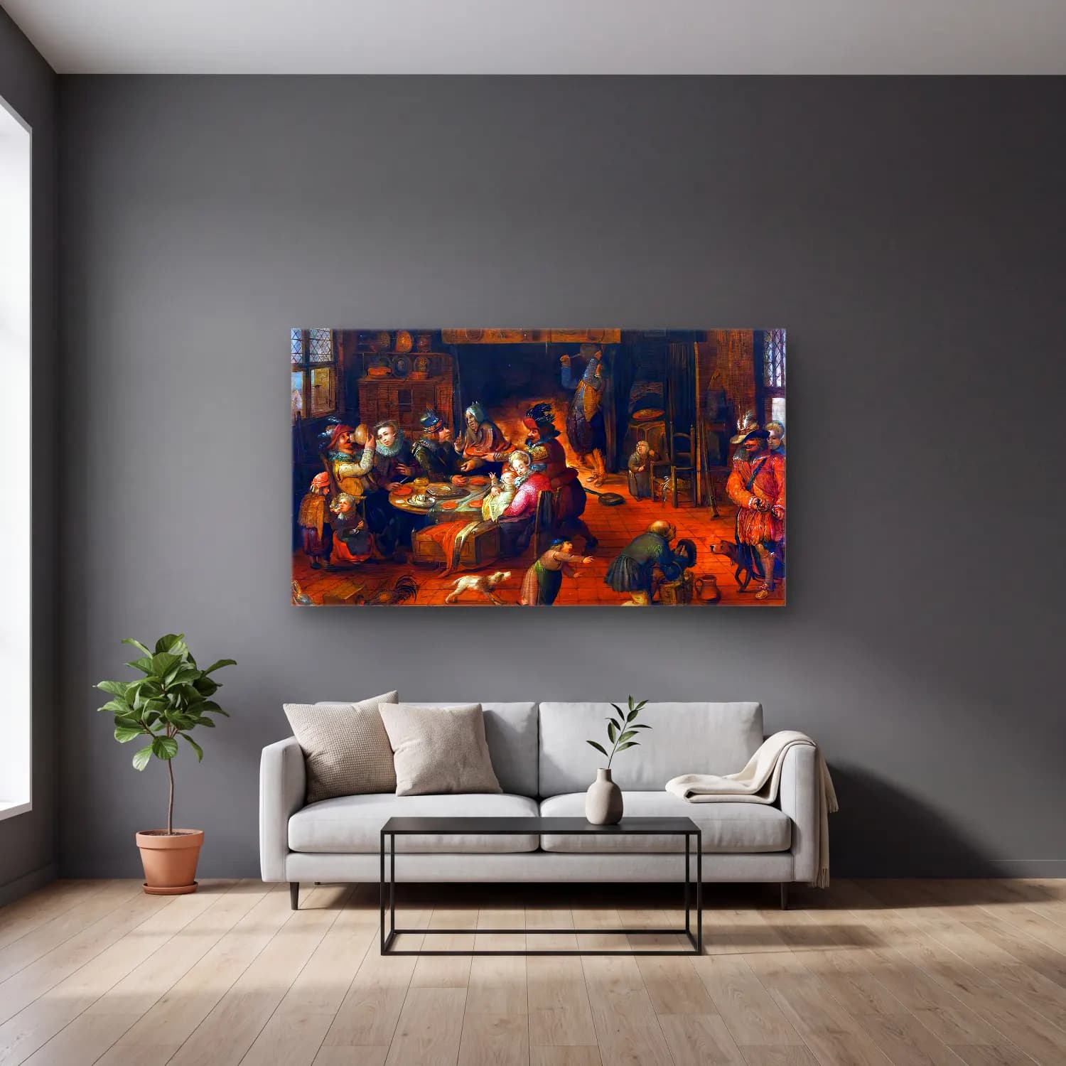 David Vinckboons – Tavern Interior cam tablo — gri duvarlı salonda
