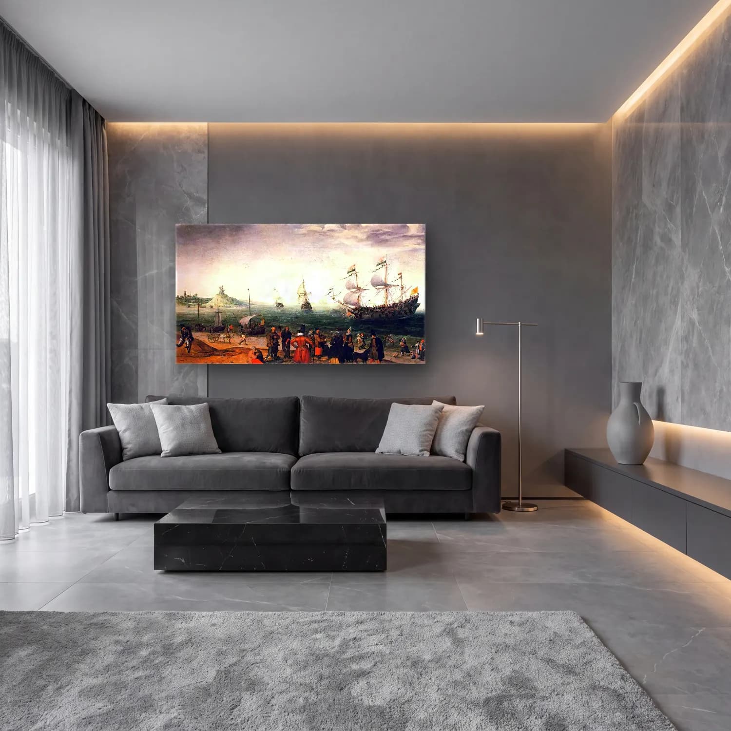 Adam Willaerts – Coastal Landscape with Ships cam tablo — lüks salon duvarında