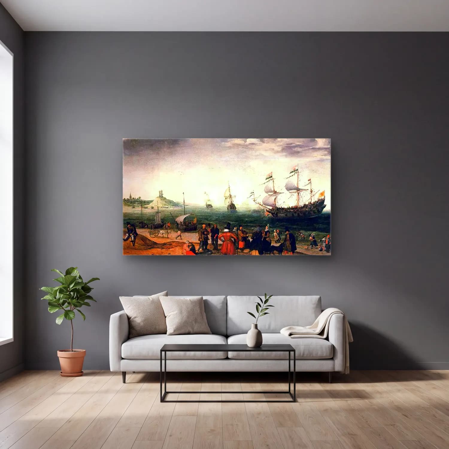 Adam Willaerts – Coastal Landscape with Ships cam tablo — gri duvarlı salonda
