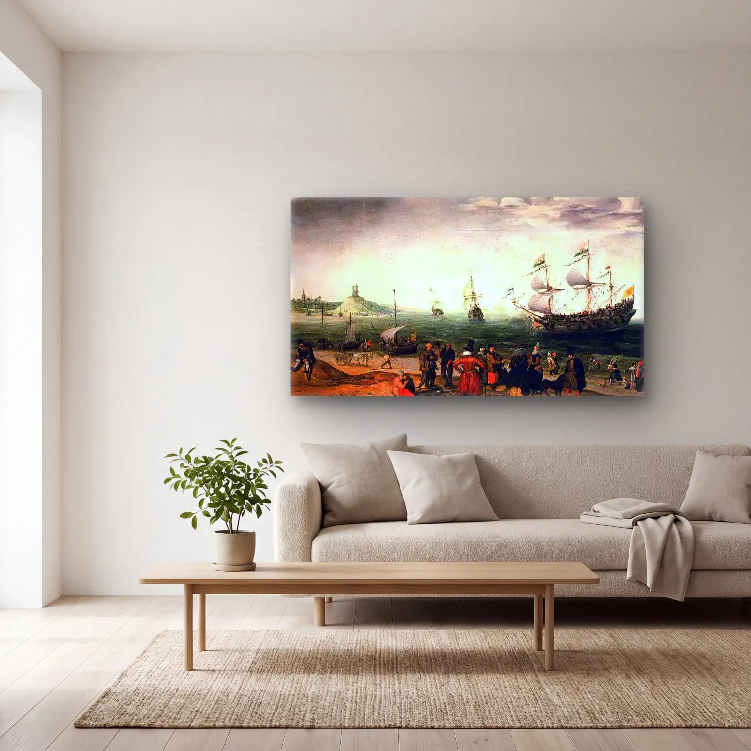 Adam Willaerts – Coastal Landscape with Ships cam tablo — açık renk salonda