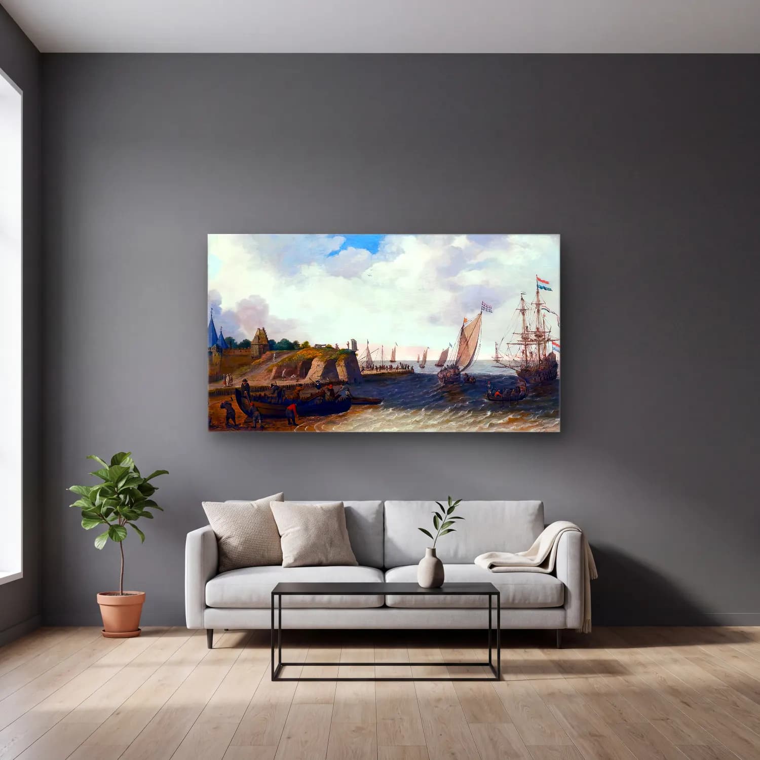 Adam Willaerts – Coastal Scene cam tablo — gri duvarlı salonda