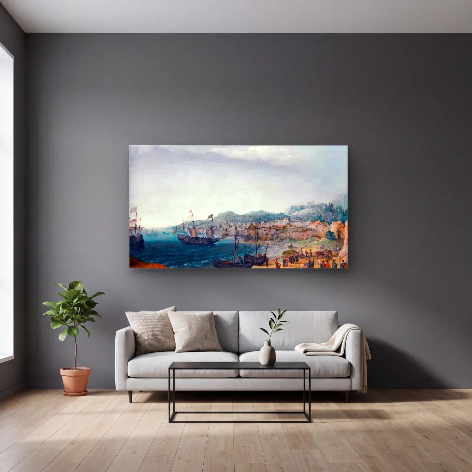 Adam Willaerts – Fortified Coastal Town cam tablo — gri duvarlı salonda