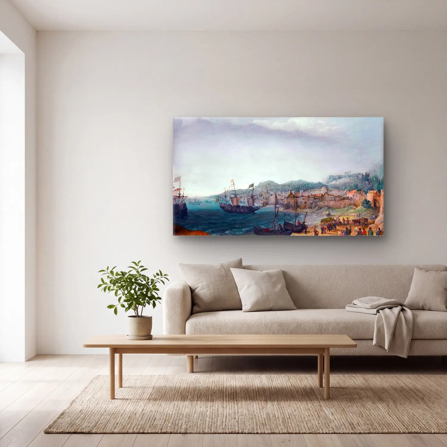 Adam Willaerts – Fortified Coastal Town cam tablo — açık renk salonda