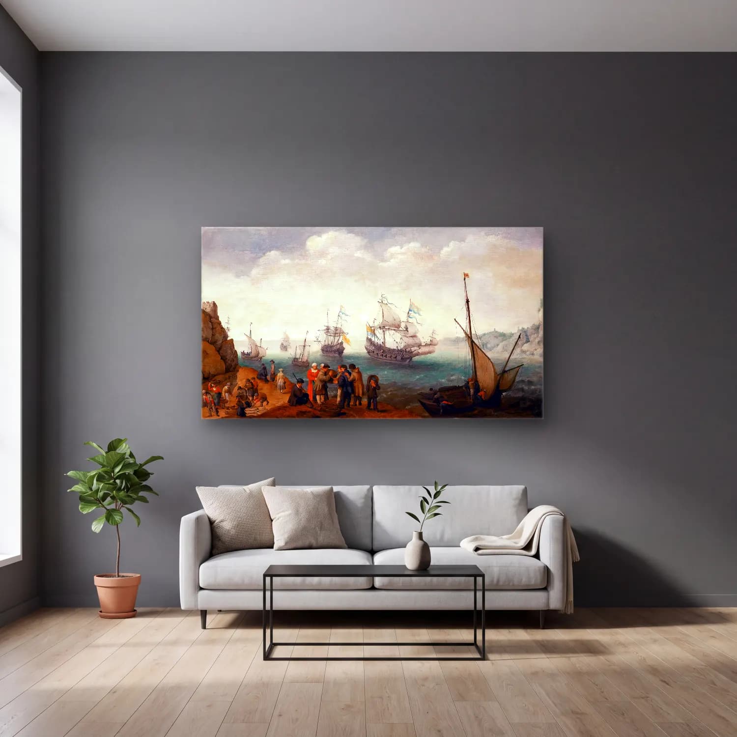 Adam Willaerts – Marine Landscape cam tablo — gri duvarlı salonda