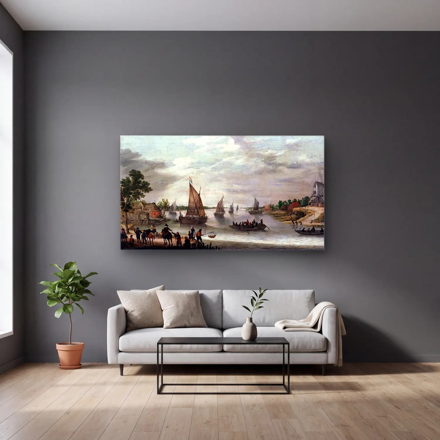 Adam Willaerts – River Scene with Boats cam tablo — gri duvarlı salonda