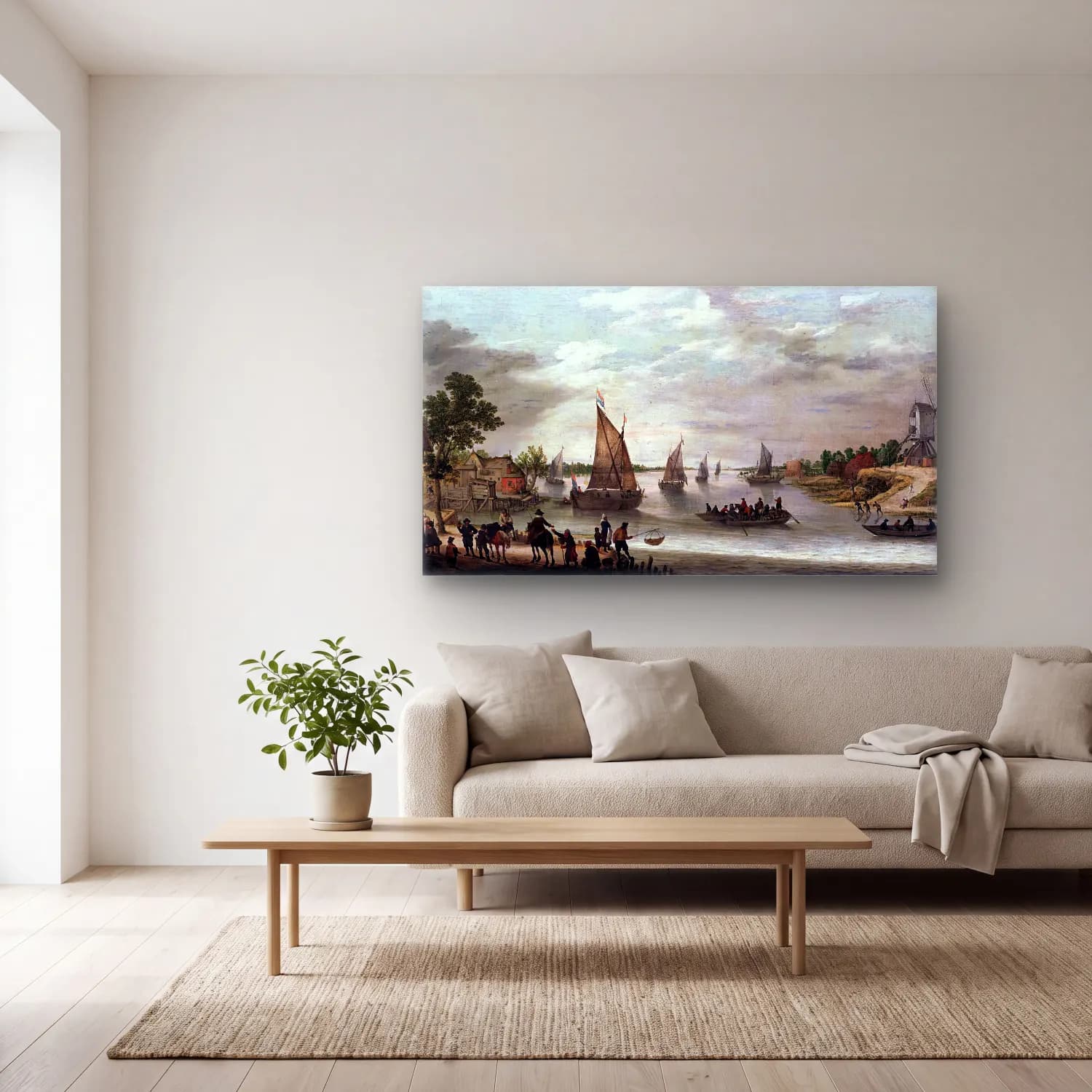 Adam Willaerts – River Scene with Boats cam tablo — açık renk salonda
