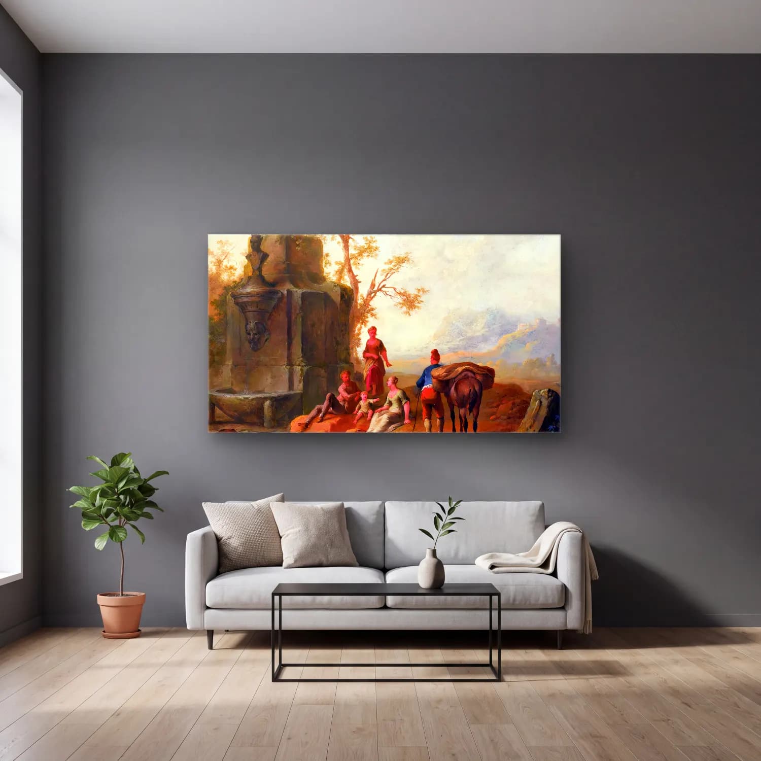 Franz de Paula Ferg – Classical Landscape cam tablo — gri duvarlı salonda