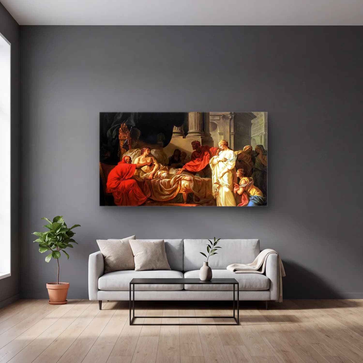 Jacques-Louis David – Antiochus and Stratonica cam tablo — gri duvarlı salonda