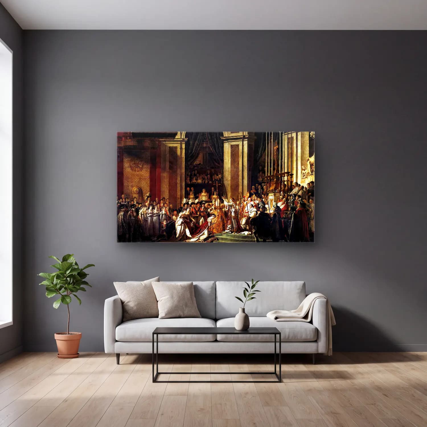 Jacques-Louis David – Consecration of the Emperor Napoleon I and Coronation of… cam tablo — gri duvarlı salonda