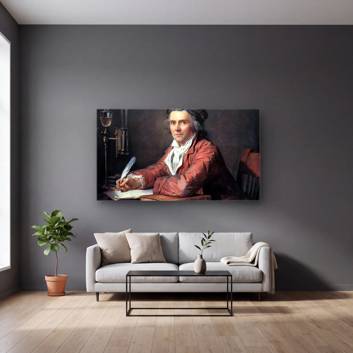 Jacques-Louis David – Portrait of Doctor Alphonse Leroy cam tablo — gri duvarlı salonda