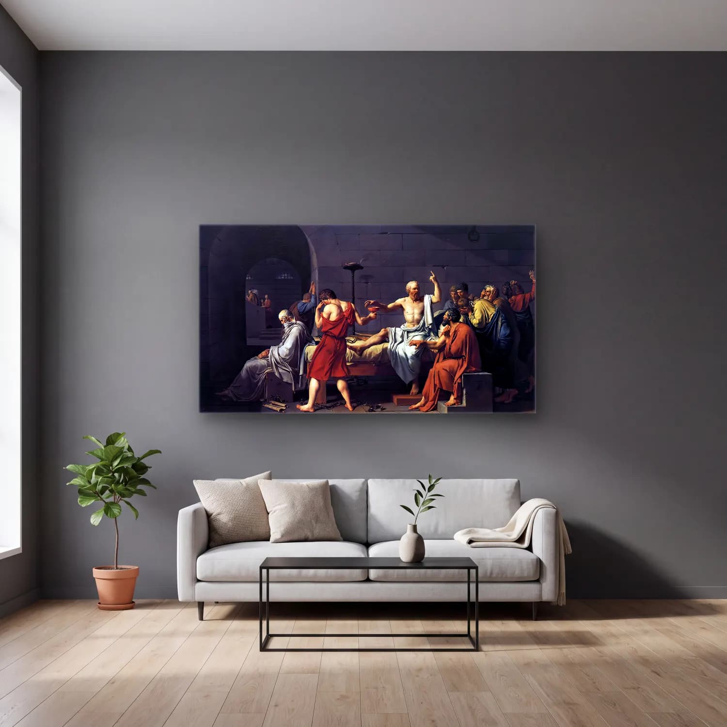 Jacques-Louis David – The Death of Socrates cam tablo — gri duvarlı salonda