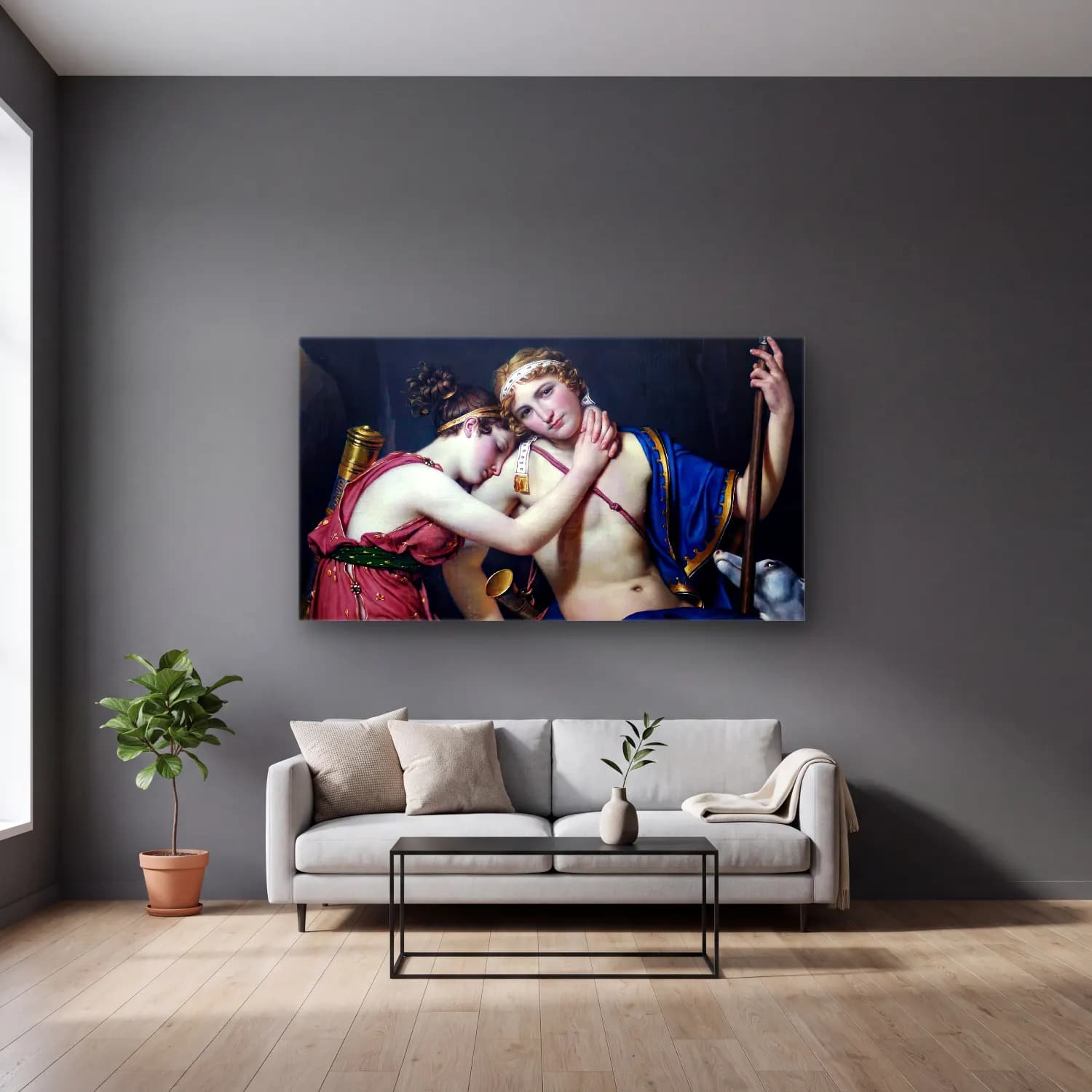 Jacques-Louis David – The Farewell of Telemachus and Eucharis cam tablo — gri duvarlı salonda