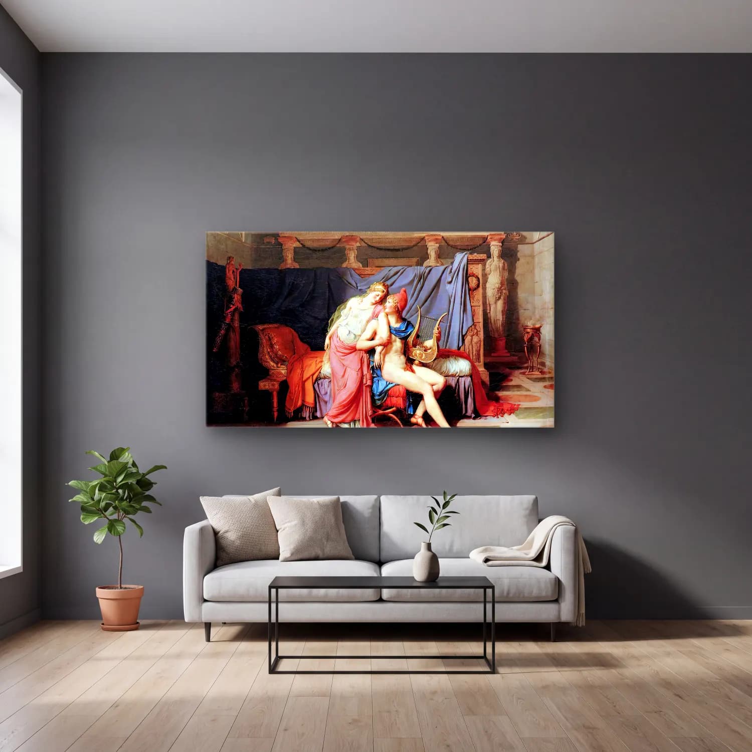 Jacques-Louis David – The Loves of Paris and Helen cam tablo — gri duvarlı salonda